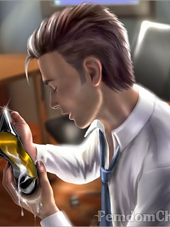 High heel and foot fetishist serves and worships two sexy ladies in office 3D art story